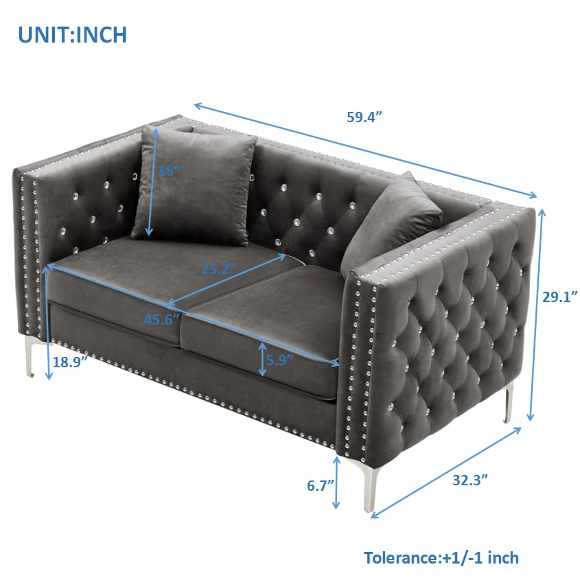 TZXTW Modern Velvet Sofa Set, 5 Seater Couch Sofa with 2-seat Loveseat and 3-seat Sofa, Convertible Sectional Sofa with Jeweled Buttons and 4 Pillows, for Living Room,Office,Apartment,Studio,Grey