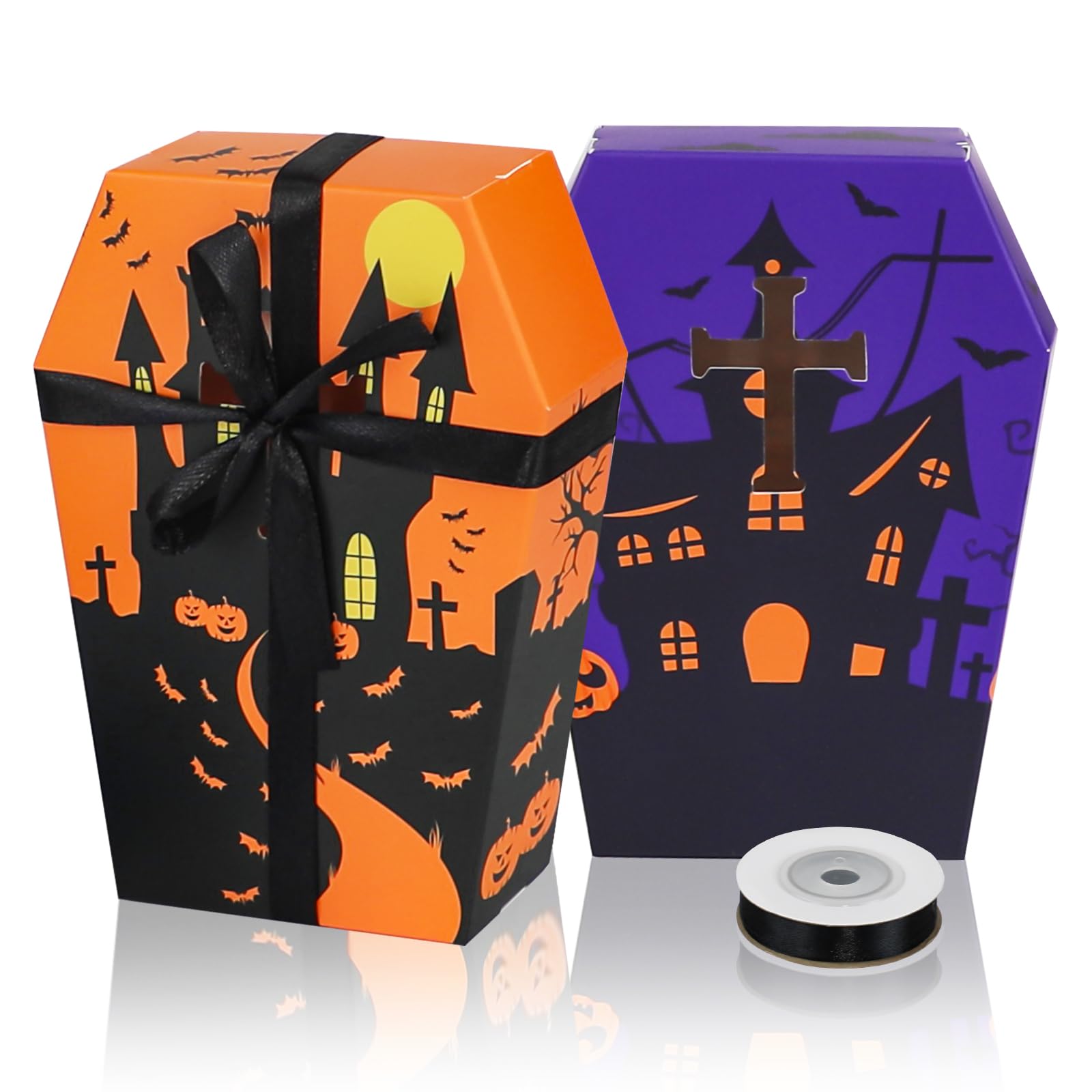 OPELETNNT 24 Pcs Halloween Trick or Treat Gift Boxes, Halloween Candy Cookie Goodie Boxs for Halloween Party Favor Supplies, Ghost Coffin Paper