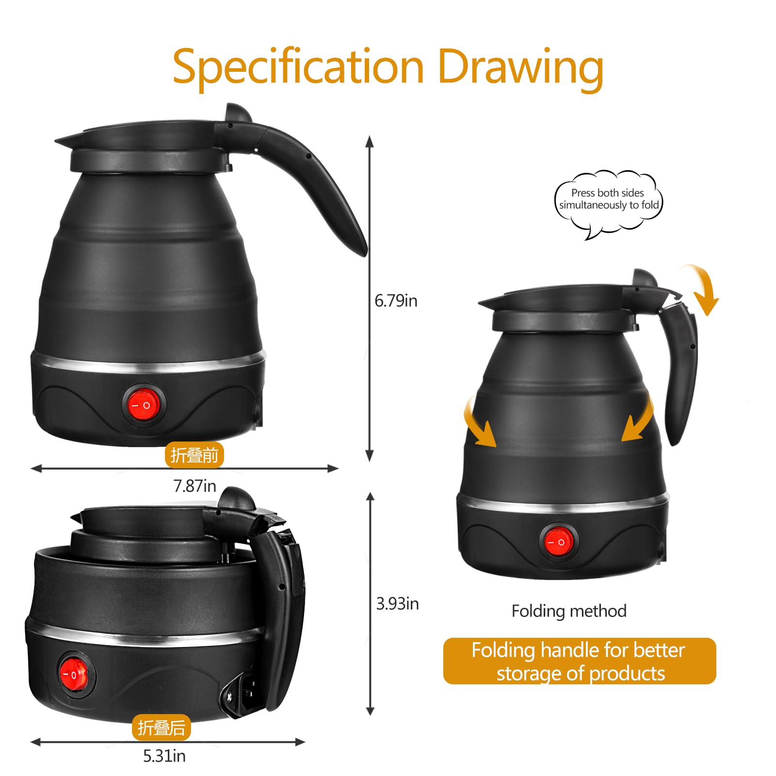 0.6L Collapsible Travel Kettle 110V, Foldable Handle Design for More Portability, Food Grade Silicone Small Electric Tea Kettle for Fast Water Boiling, Black