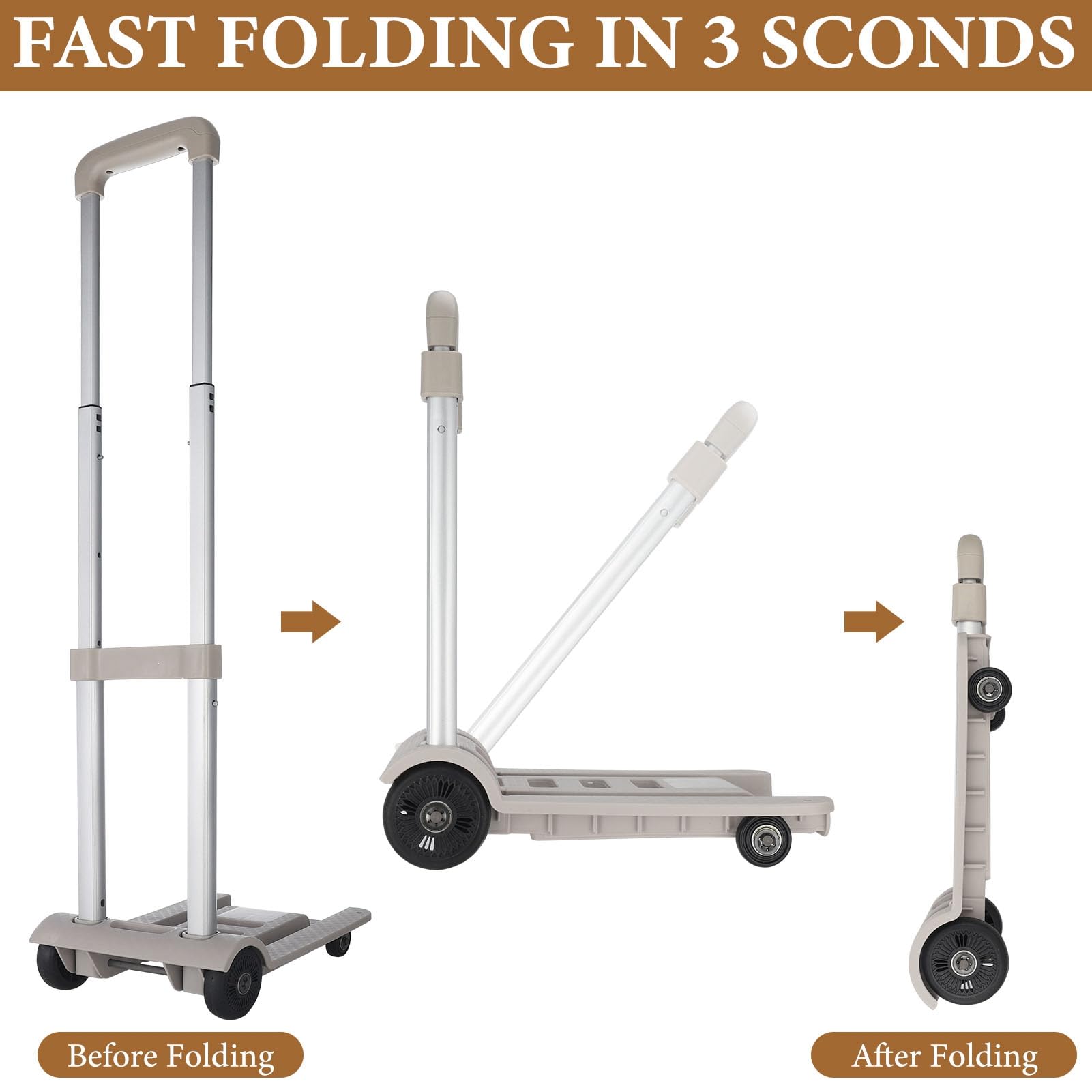 Fingertip WD Folding Luggage Cart with Chassis,4 Wheels Folding Hand Truck Dolly,Collapsible Light Duty Dolly for Moving Shopping Travel Office Use,165lbs(Grey)