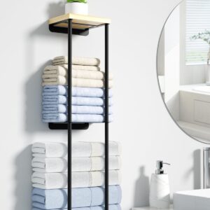 Towel Racks for Bathroom, 2 Tier Wall Towel Holder with Wood Shelf, Metal Wall Mounted Towel Rack Bathroom Organizers and Storage, Black -V1