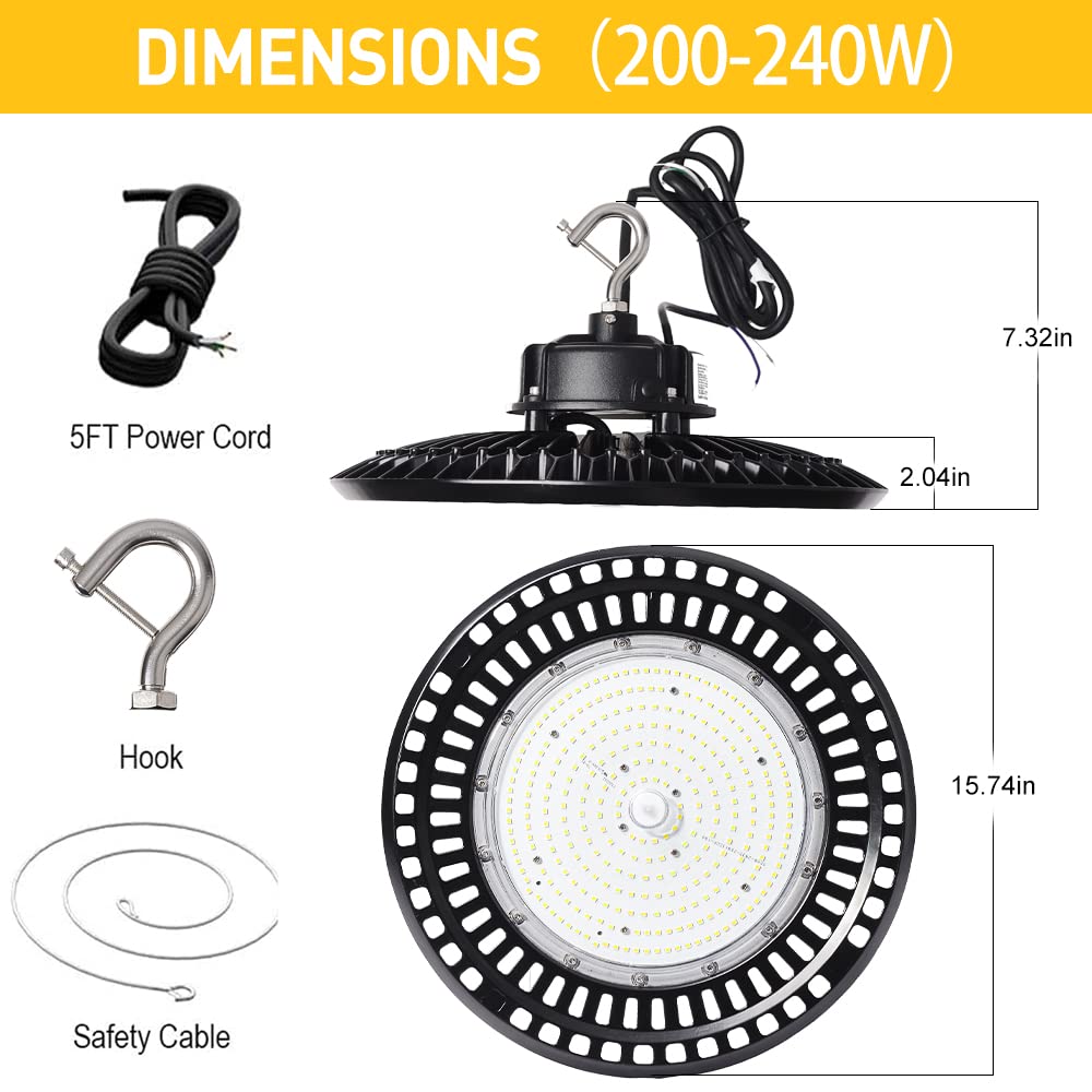 OSTEK 480V UFO LED High Bay Light, 200W 5000K Durable High Bay LED Shop Light 32000LM 0-10V Dimmable, 5ft Cord US Hook, Factory Warehouse Workshop Light, IP65 Waterproof- ETL&DLC Certified