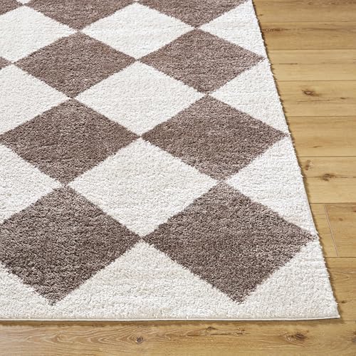 Hauteloom Arilla Modern Geometric Diamond Area Rug for Living Room, Bedroom - Machine Washable Area Rug - Contemporary Soft Cozy Shag Rug - High Pile - Peach, Dark Brown - 6'7" x 9' (6x9)