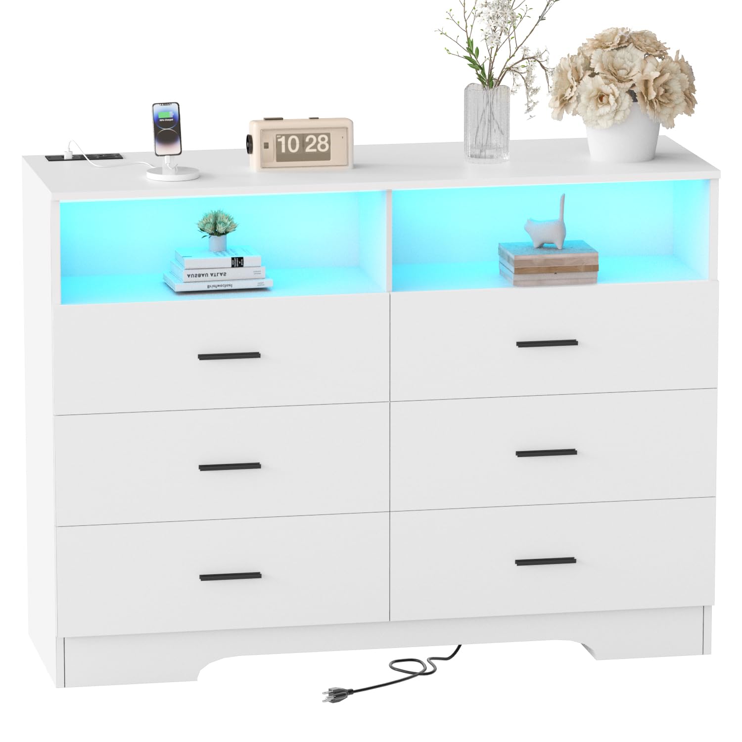 FJTJBSI Dresser with Power Outlets and LED Lights Wooden 6 Drawer Dresser with Large Organizer Tall White Dresser for Bedroom Chest of Drawers Closet Modern Dresser for Living Room Kids Room Hallway