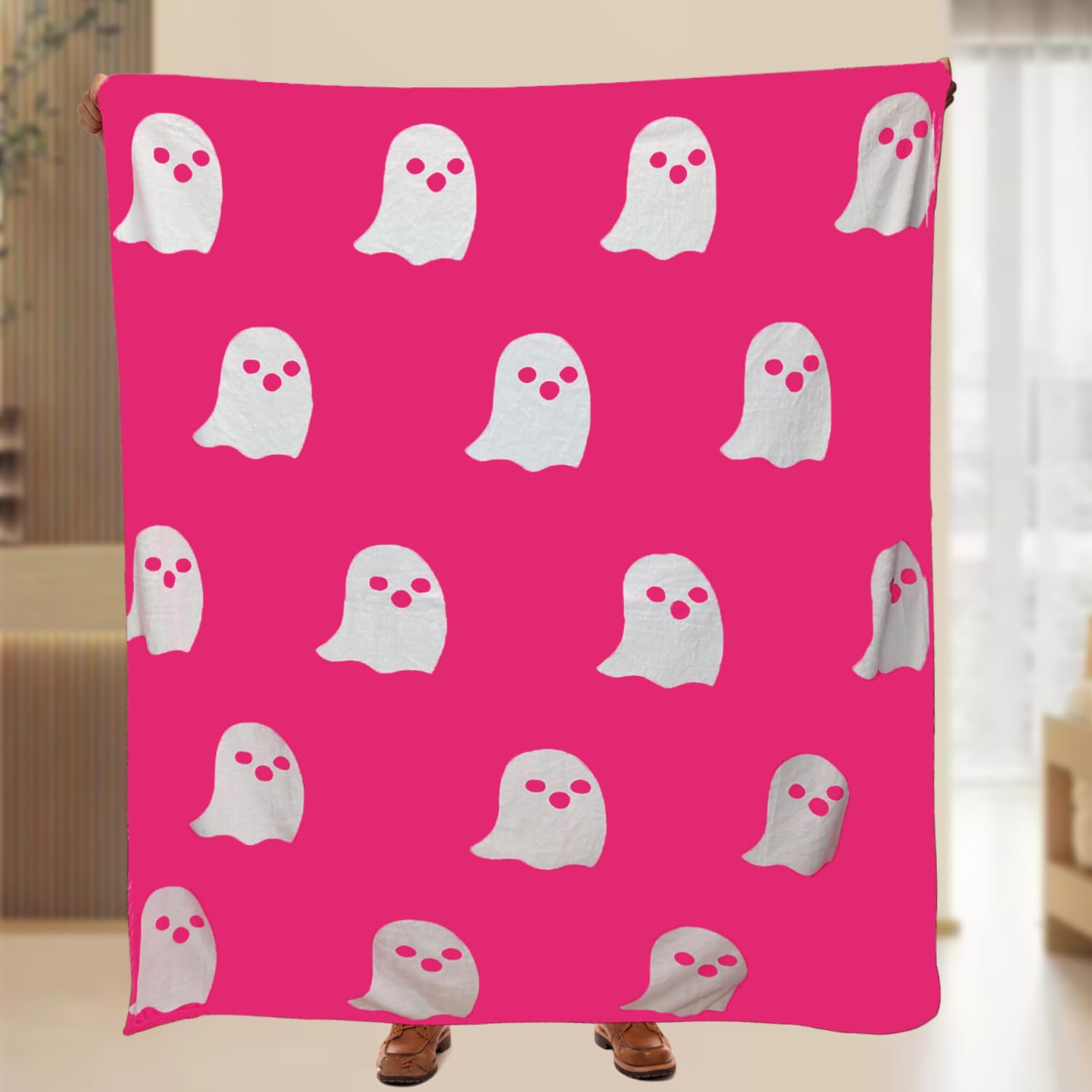 2024 Halloween Pink Ghost Blanket, 50 * 60in Double-Sided Printing Super Soft Cute Four Seasons Blanket Halloween Blanket, Halloween Pink Blanket Gift for Boys and Girls (Pink, 50 * 60in)