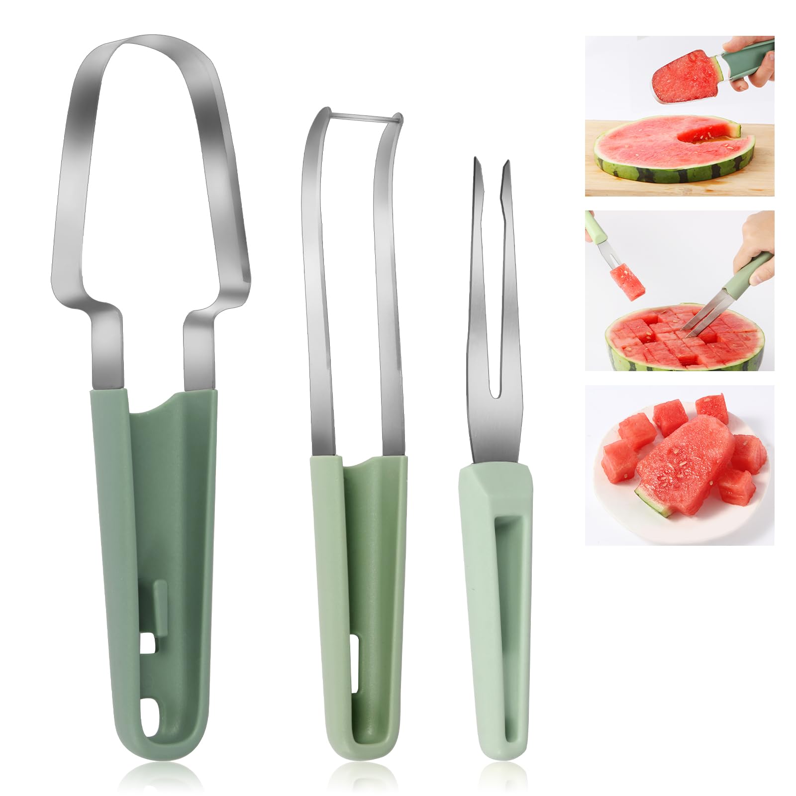 LIVSGNISTA Watermelon Cutter Slicer Tool,Stainless Steel Watermelon Knife and Fork Kit,3-in-1 Fruit Cutter Kitchen Gadgets