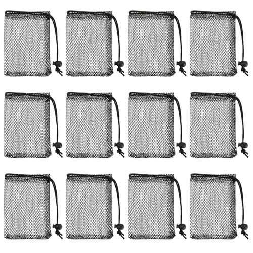 COMNICO Small Mesh Bags, 12Pcs Nylon Storage Bags for Washing Machine Black Mesh Drawstring Bag Portable Travel Stuff Bags with Sliding Drawstring for Travel Sports Storage Toy Outdoor Activities