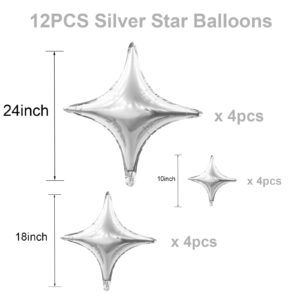 HILAVO 12PCS Silver Star Balloons, 24in 18in 10in Four Angle Star Shaped Balloons Silver Foil Balloons for Wedding, Baby Shower, Birthday Party Decorations