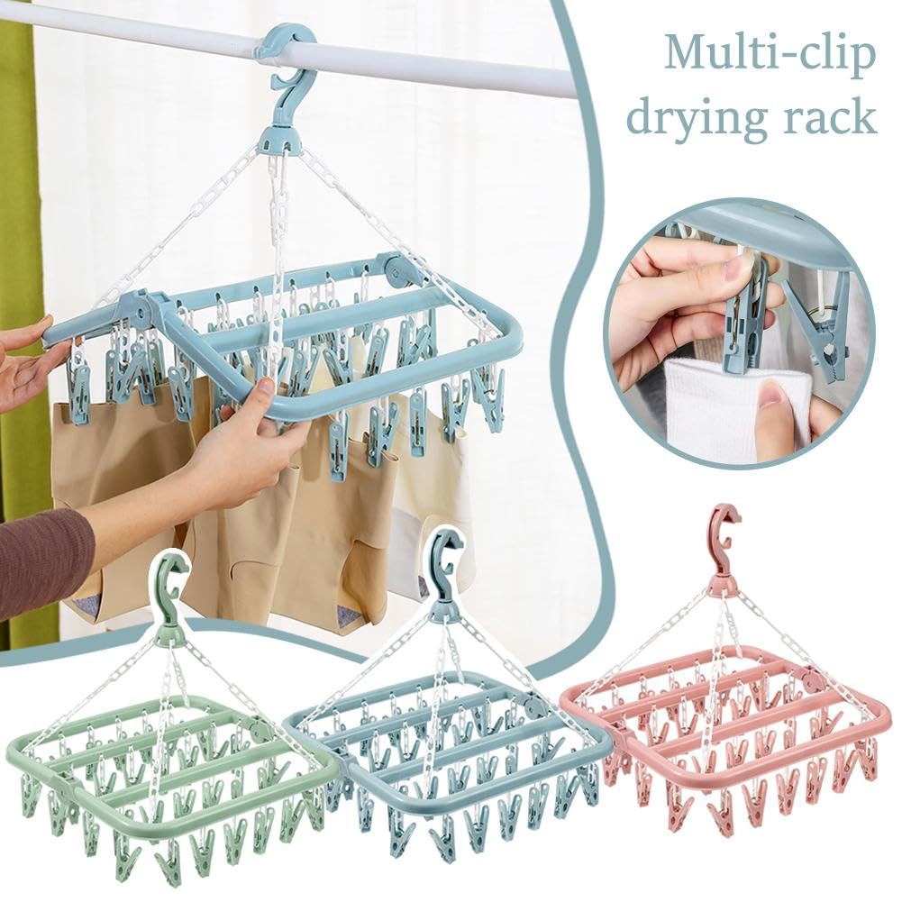 ZHOSXRC Clip and Drip Hanger,Clothes Hanger Drying Rack,32 Clips Plastic Hanging Drying Rack,Sock Hangers Windproof Clip and Drip Hanger for Drying Socks, Bras, Towel, Underwear, Baby Clothes