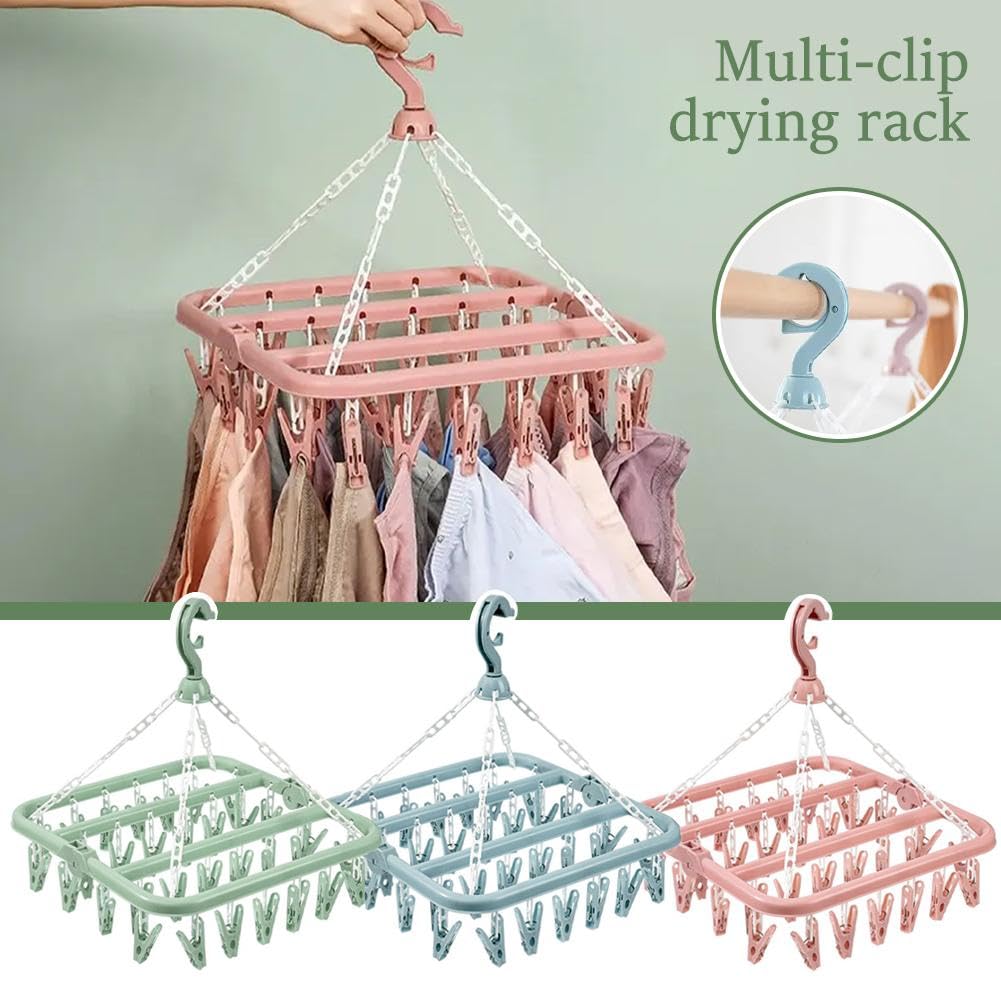 ZHOSXRC Clip and Drip Hanger,Clothes Hanger Drying Rack,32 Clips Plastic Hanging Drying Rack,Sock Hangers Windproof Clip and Drip Hanger for Drying Socks, Bras, Towel, Underwear, Baby Clothes