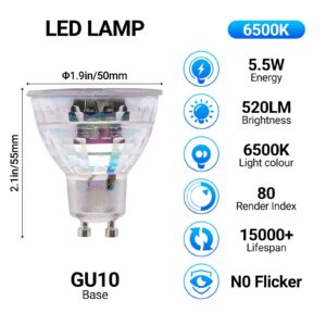 LISTOCASA GU10 LED Light Bulbs 6500K Cool White,5.5W(55W Halogen Equivalent), Dimmable Spotlight GU10 LED Bulbs, Full Glass Cover Recessed Track Light Bulbs 10-Packs