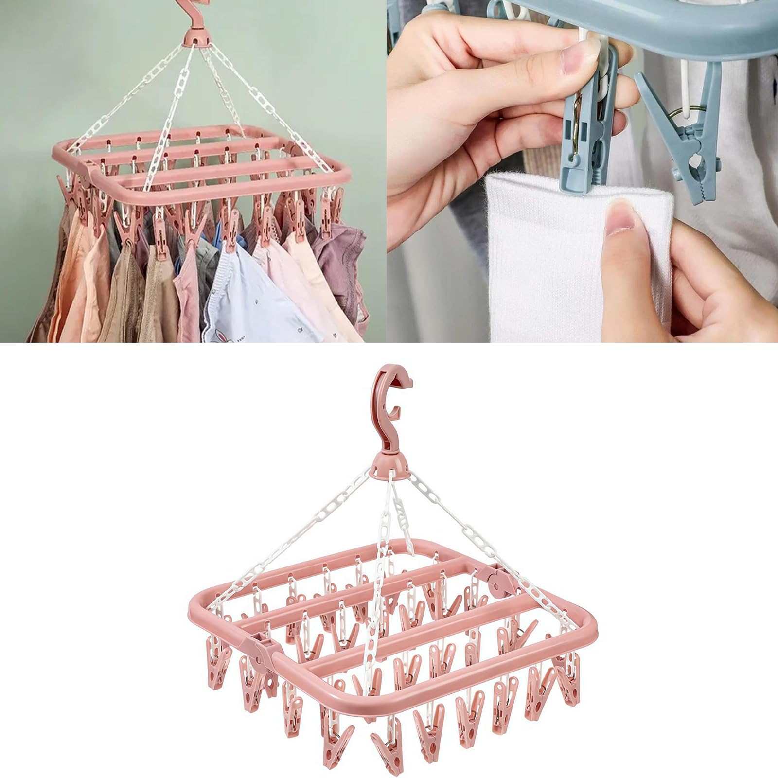 ZHOSXRC Clip and Drip Hanger,Clothes Hanger Drying Rack,32 Clips Plastic Hanging Drying Rack,Sock Hangers Windproof Clip and Drip Hanger for Drying Socks, Bras, Towel, Underwear, Baby Clothes