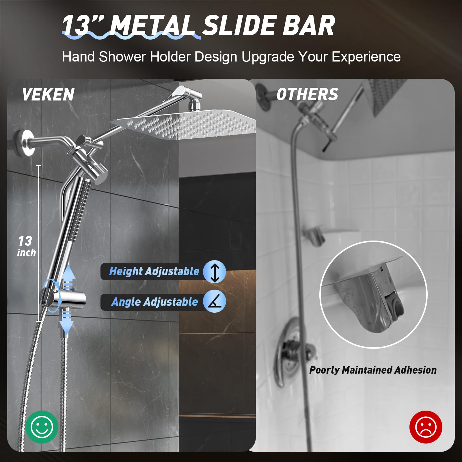 Veken 10'' All Metal Shower Head with Handheld Spray Combo, High Pressure Square Shower Heads with Wand & Extension Arm, Rain Shower Head with Power Wash, Wide Adjustable Rainfall Showerhead Chrome