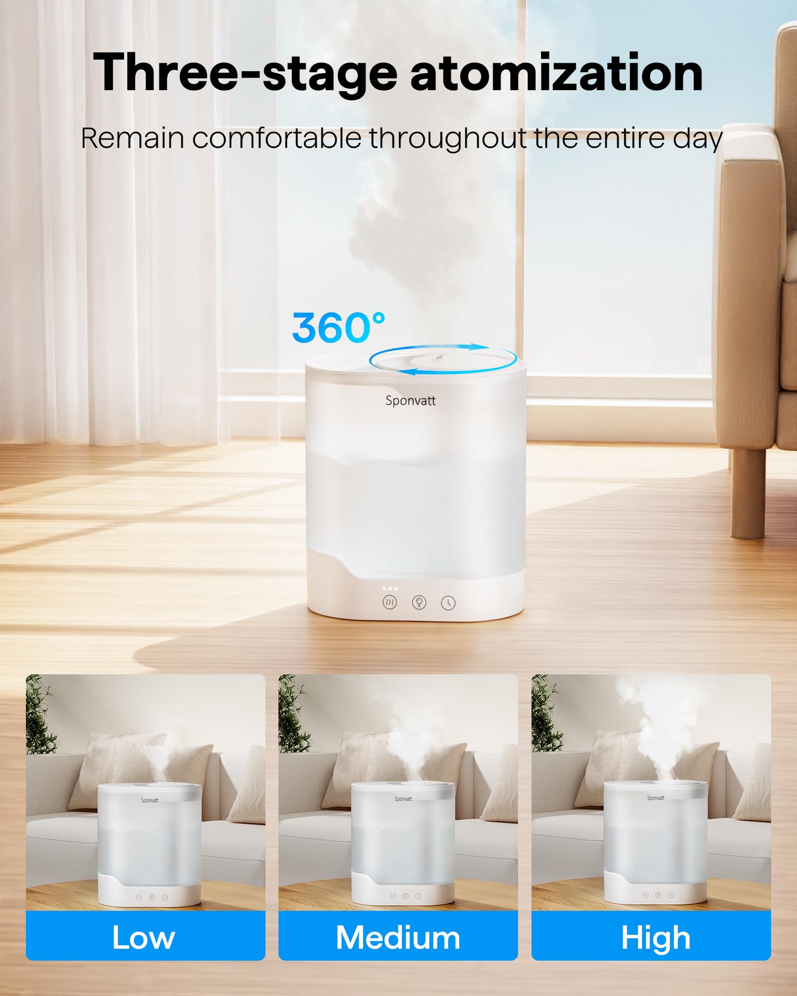 Sponvatt Humidifiers for Bedroom Home,2.5L Top Fill Cool Mist Air Humidifier for Large Room Baby Nursery,Quiet Ultrasonic,With Oil Diffuser and Nightlight,for Plants,Office,Easy to Clean,Auto Shut-Off