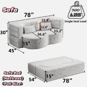 Oval Convertible Floor Sofa Bed, Teddy Cloud Sleeper Sofa Boucle Loveseat Couch Bed with 2 Pillows, 78" Full Size Folding Mattress, for Living Room, Guest Bed, Playroom, No Assembly Required, White