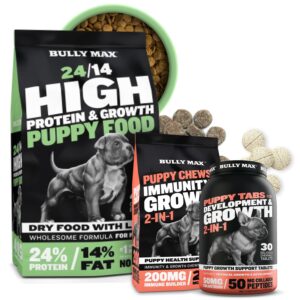 bully max complete puppy starter kit - high protein 5lbs food, immunity 75 pcs chews & puppy vitamins 30 tabs bundle - optimal growth & development for all breeds, small dogs, large breed pups