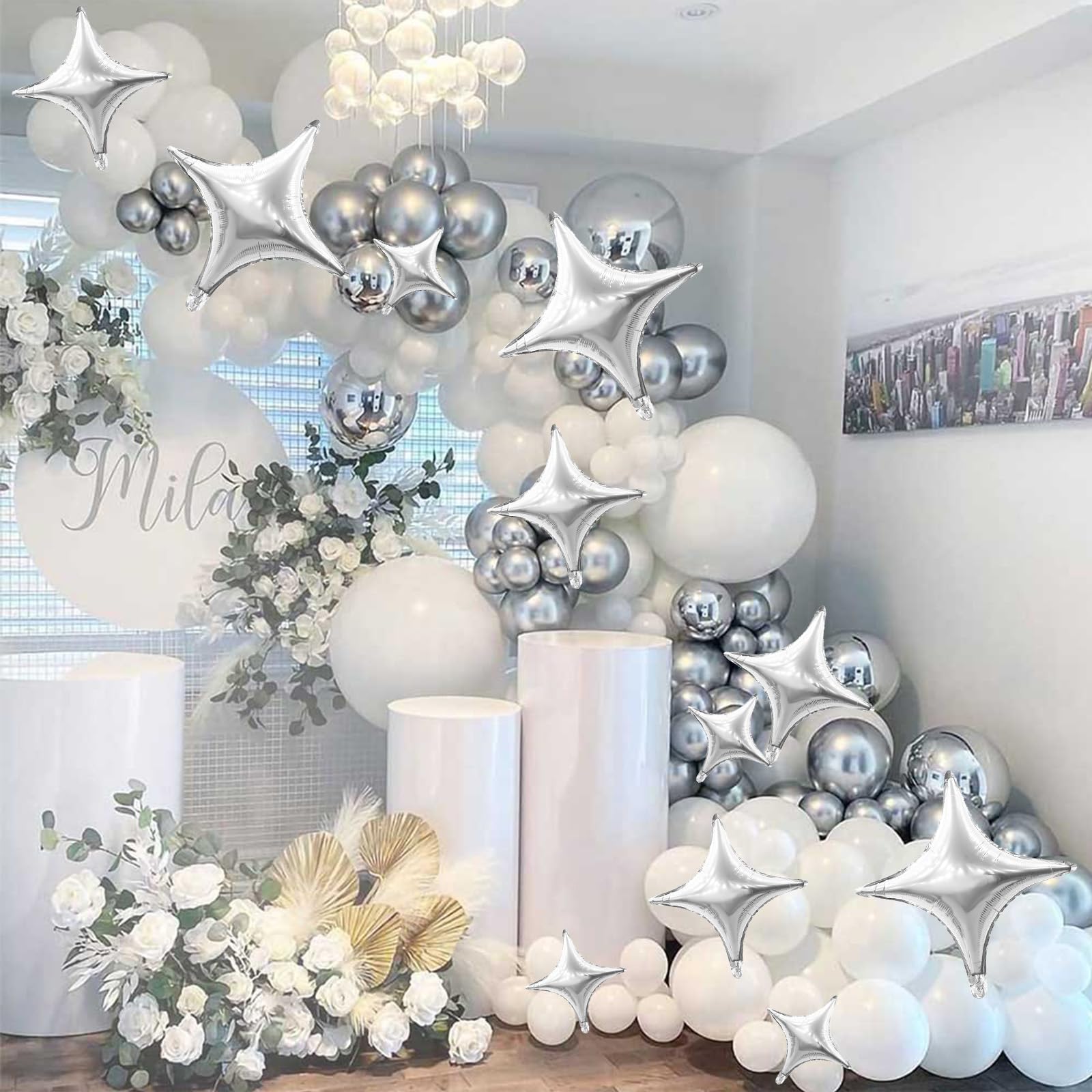 HILAVO 12PCS Silver Star Balloons, 24in 18in 10in Four Angle Star Shaped Balloons Silver Foil Balloons for Wedding, Baby Shower, Birthday Party Decorations