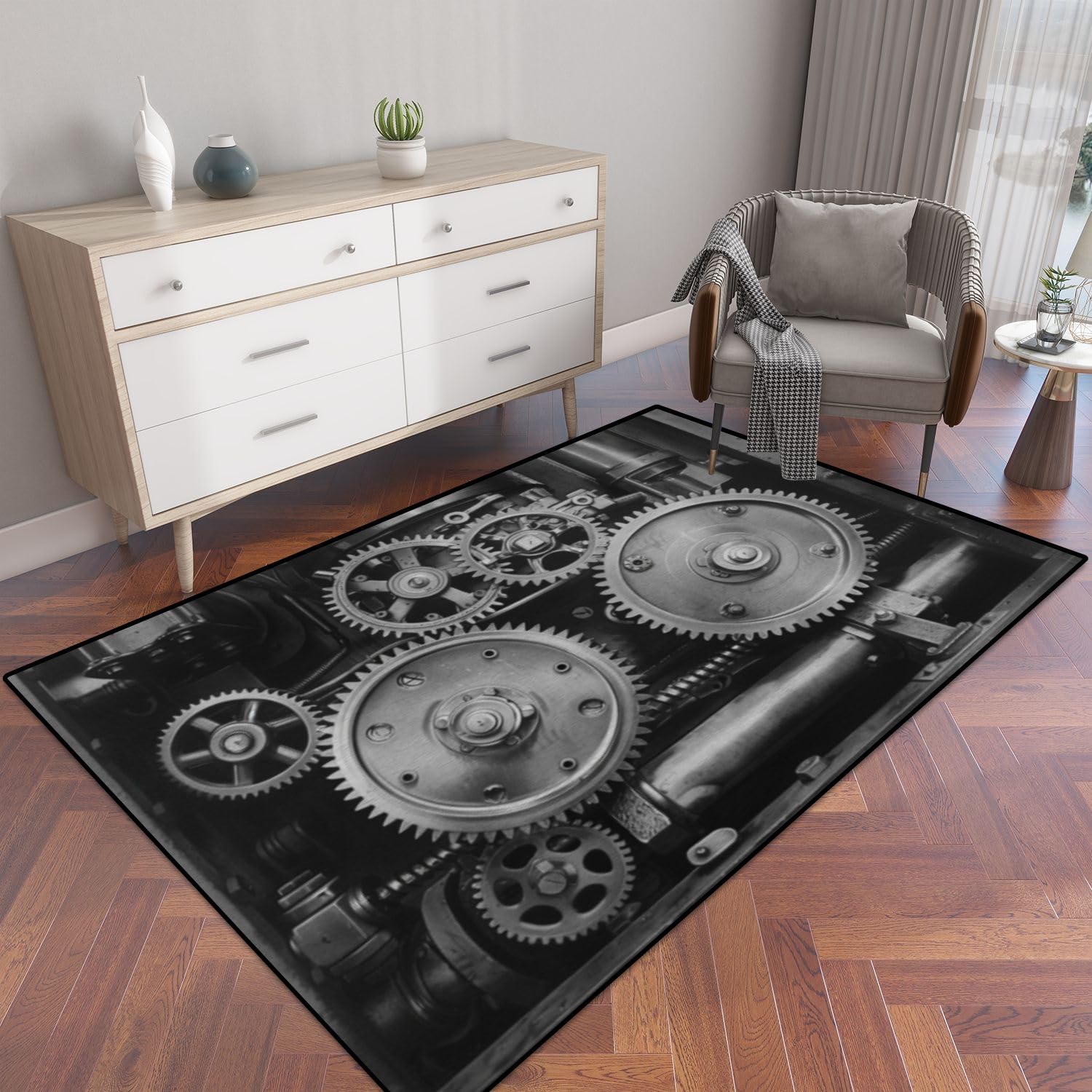 PeeNoke Black and White Industrial Machines Paintings Artwork Gears Metal Area Rug Outdoor Patio Rug Play Mat Modern Floor Carpet Non-Slip Home Decor Living Room Kids Bedroom Nursery, 3x5 ft