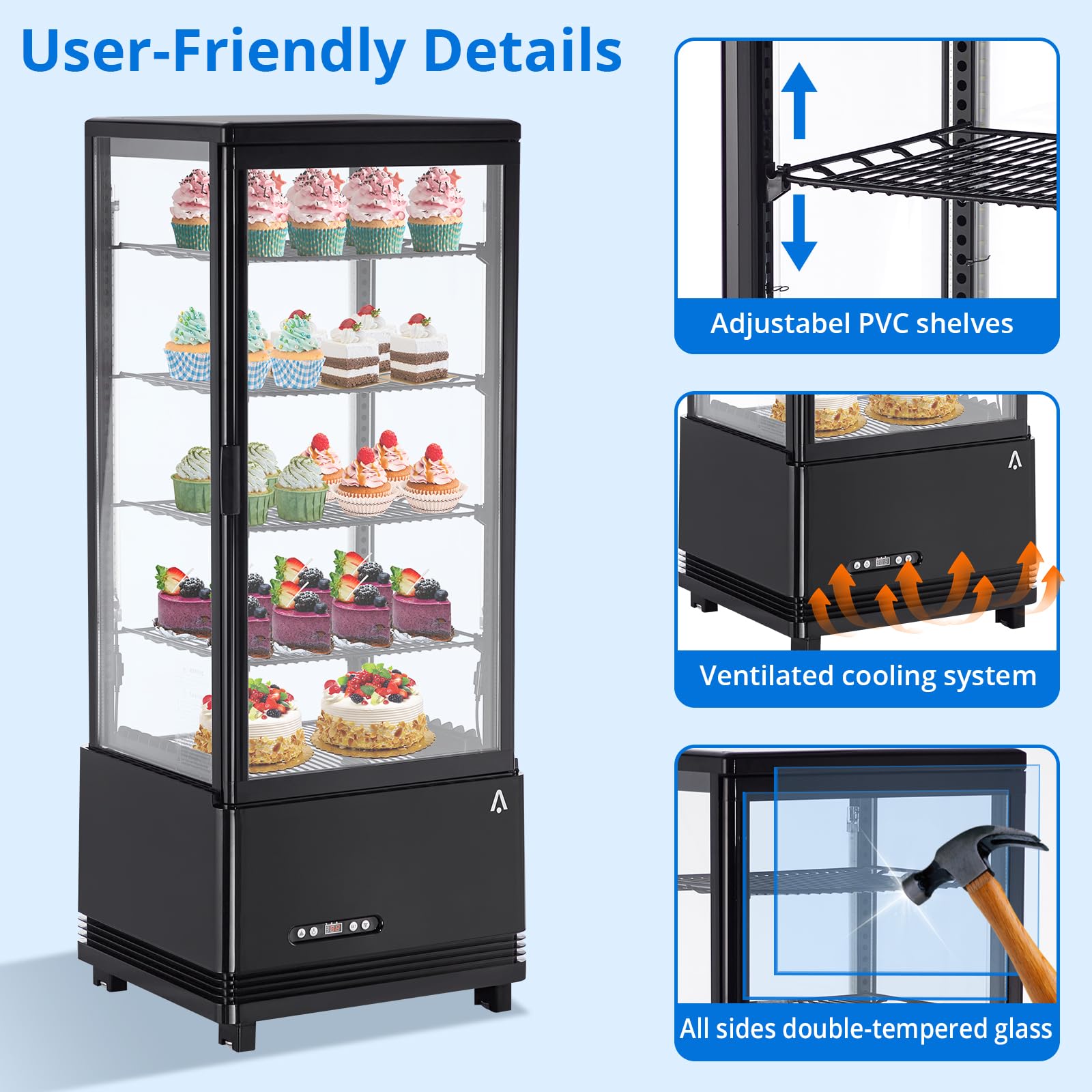 ACONEE Commercial Fridge Display Refrigerator, 3.46 Cu FT Display Fridge Pastry Display Case with Interior LED Lighting, Countertop Display Fridge