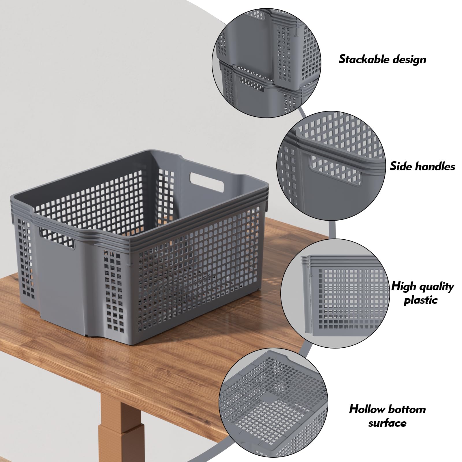 Zopnny 6-Pack Stackable Plastic Woven Basket Organizer, Large Stacking Storage Basket Bin, Grey