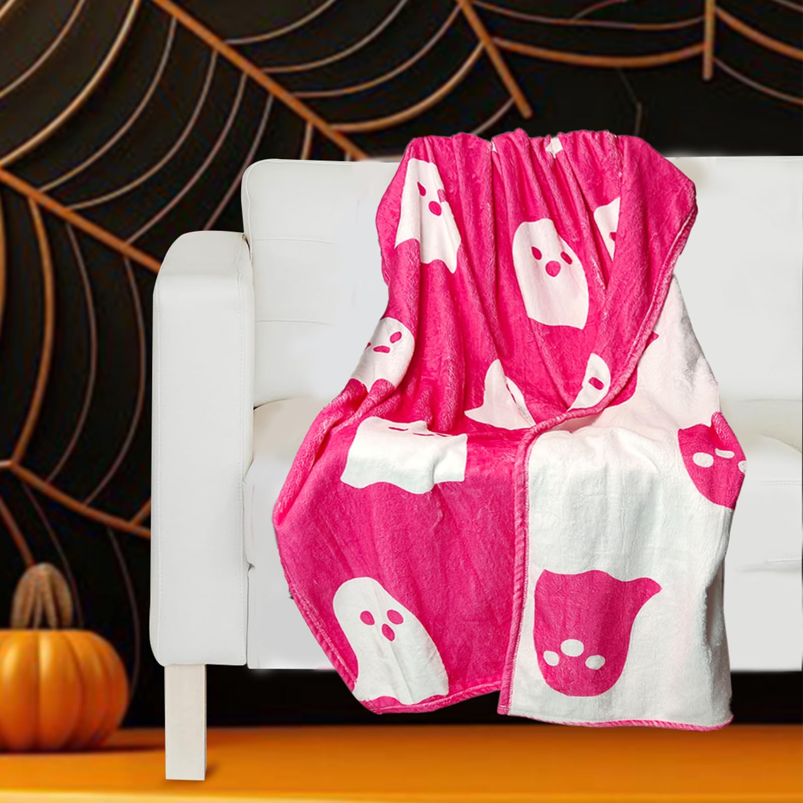 2024 Halloween Pink Ghost Blanket, 50 * 60in Double-Sided Printing Super Soft Cute Four Seasons Blanket Halloween Blanket, Halloween Pink Blanket Gift for Boys and Girls (Pink, 50 * 60in)