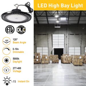 OSTEK 480V UFO LED High Bay Light, 200W 5000K Durable High Bay LED Shop Light 32000LM 0-10V Dimmable, 5ft Cord US Hook, Factory Warehouse Workshop Light, IP65 Waterproof- ETL&DLC Certified