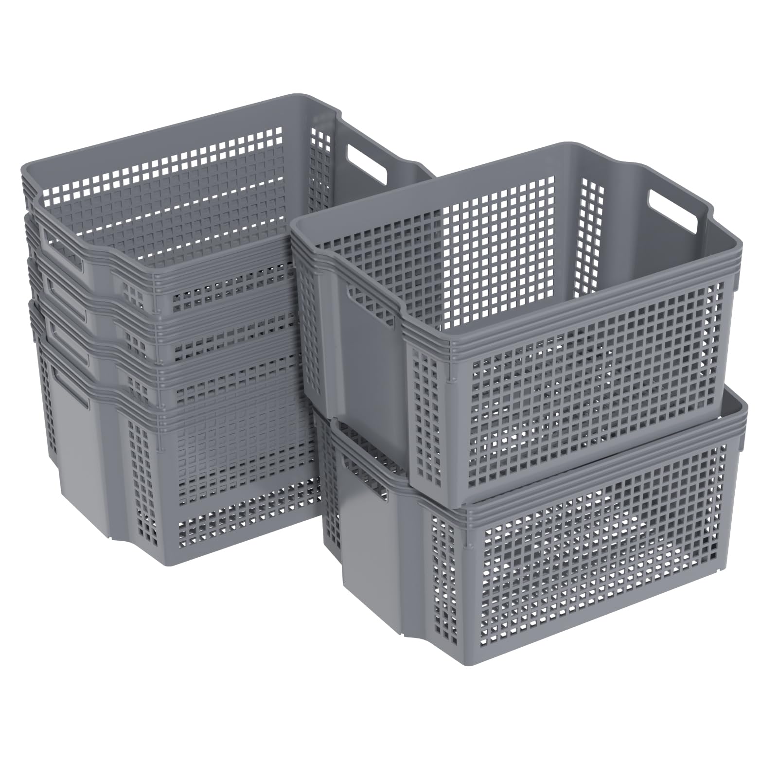 Zopnny 6-Pack Stackable Plastic Woven Basket Organizer, Large Stacking Storage Basket Bin, Grey