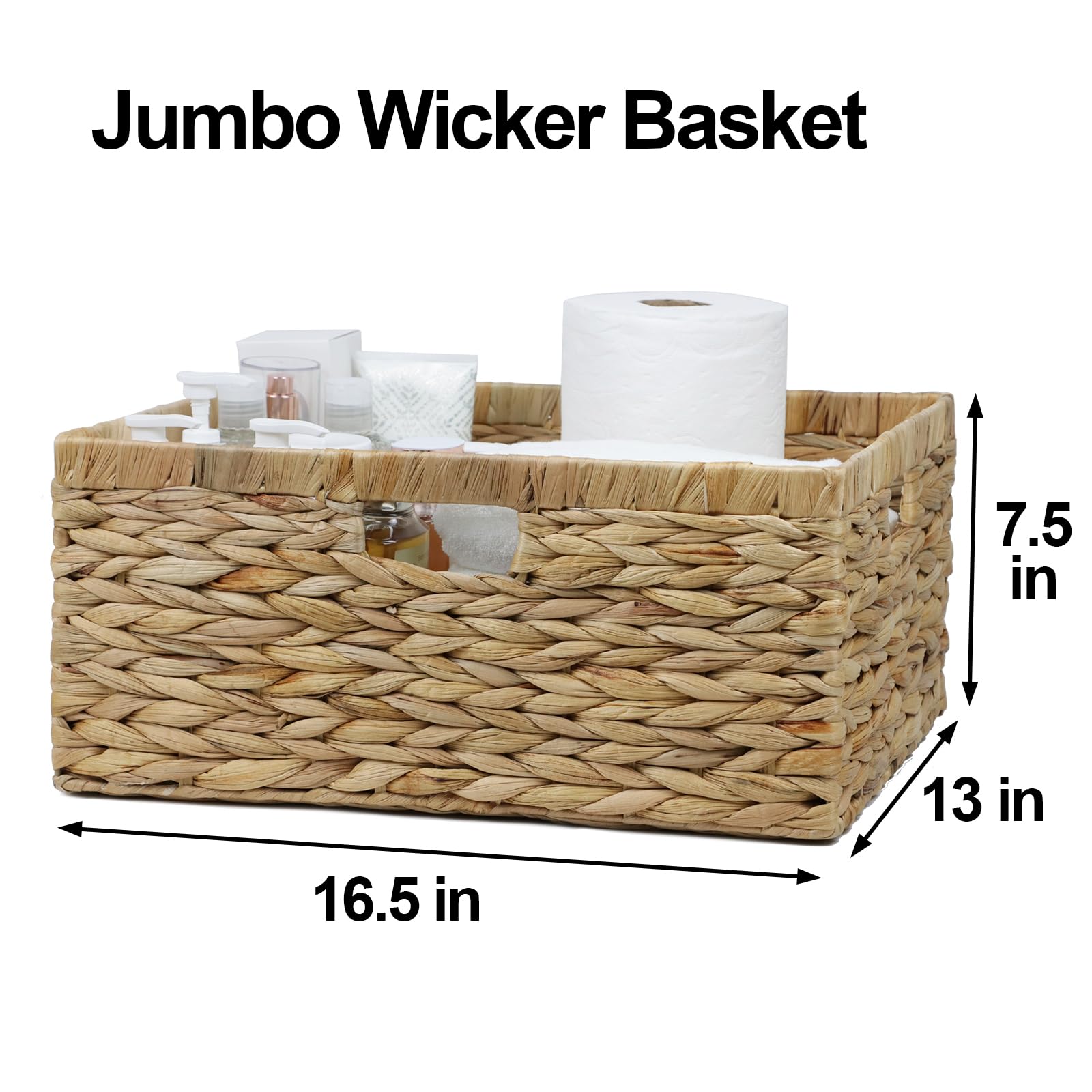 Jumbo Wicker Basket, Rectangular Wicker Basket for Storage, Water Hyacinth Extra Large Storage Basket, Shelf Basket with Built-in Handles, Pantry Baskets-1 Pack