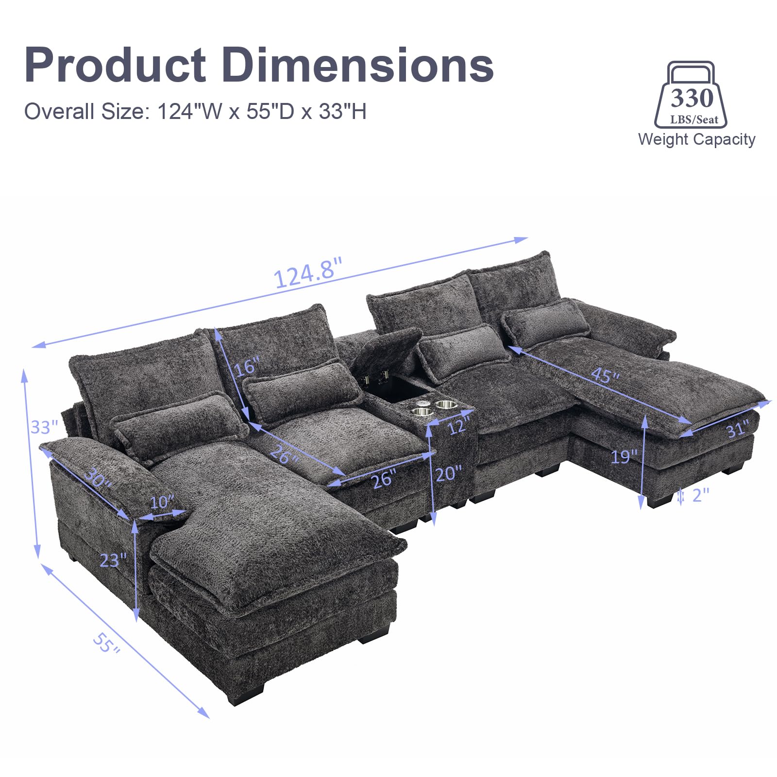 Tmsan 124.8" U Shaped Sofa with Storage Console & Cup Holders & USB Ports, Modern Upholstered Cloud Sectional Couch with Double Cushions for Living Room, Apartment, Grey Chenille