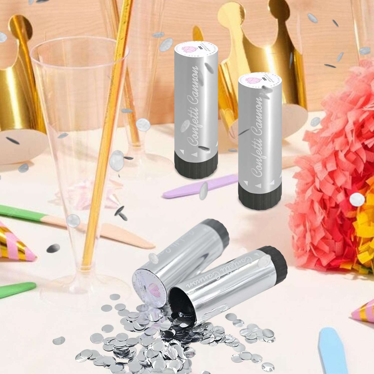 Small Confetti Cannon 24 Pack Mini Confetti Poppers Gold Party Poppers Confetti Small Party Confetti for Kids Ideal for Weddings Birthdays Graduations Baby Shower Christmas New Years (Silver)