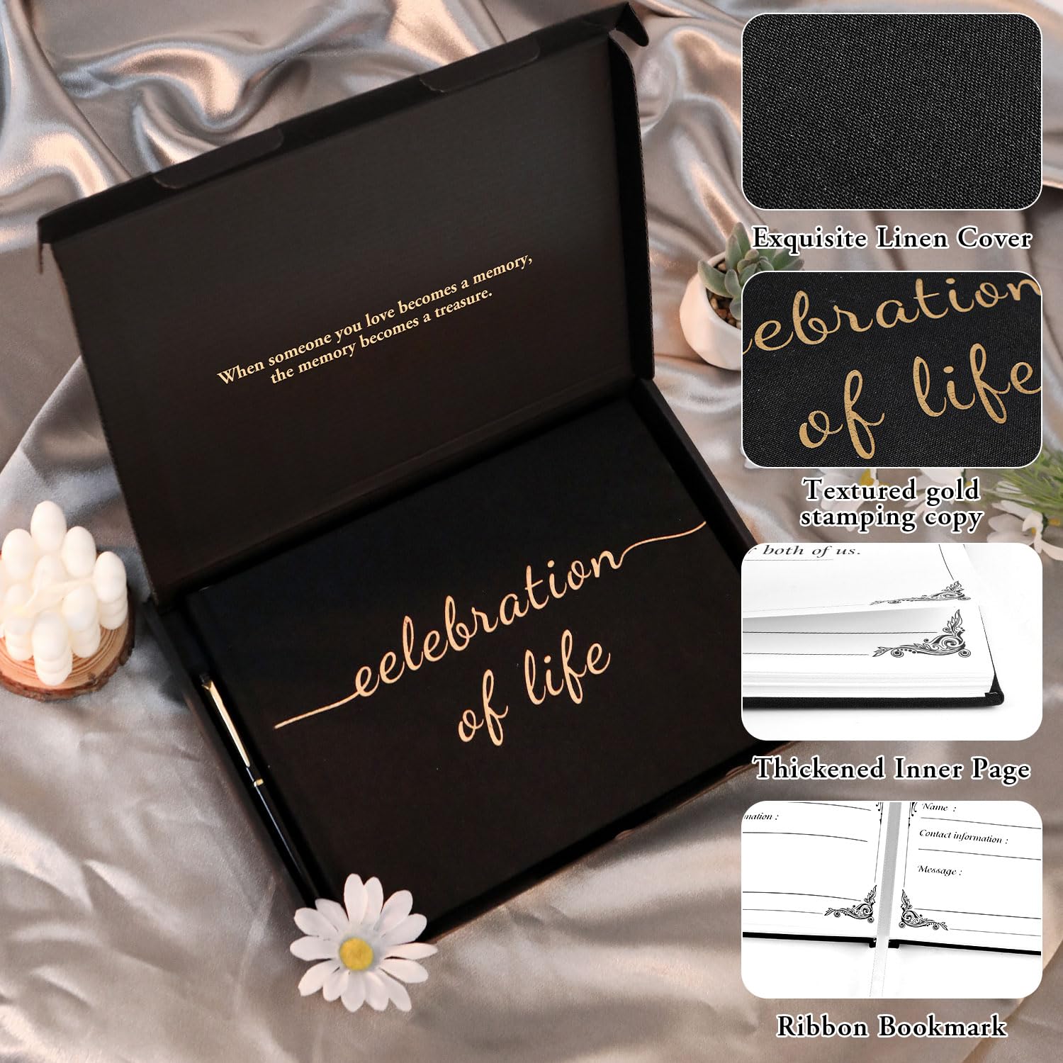 Funeral Guest Book for Memorial Service, Celebration of Life Guest Book with Table Sign, Pen and Box, Guest Sign in Book for Funeral Service, Elegant Black Memorial Books for Celebration of Life