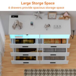 FJTJBSI Dresser with Power Outlets and LED Lights Wooden 6 Drawer Dresser with Large Organizer Tall White Dresser for Bedroom Chest of Drawers Closet Modern Dresser for Living Room Kids Room Hallway