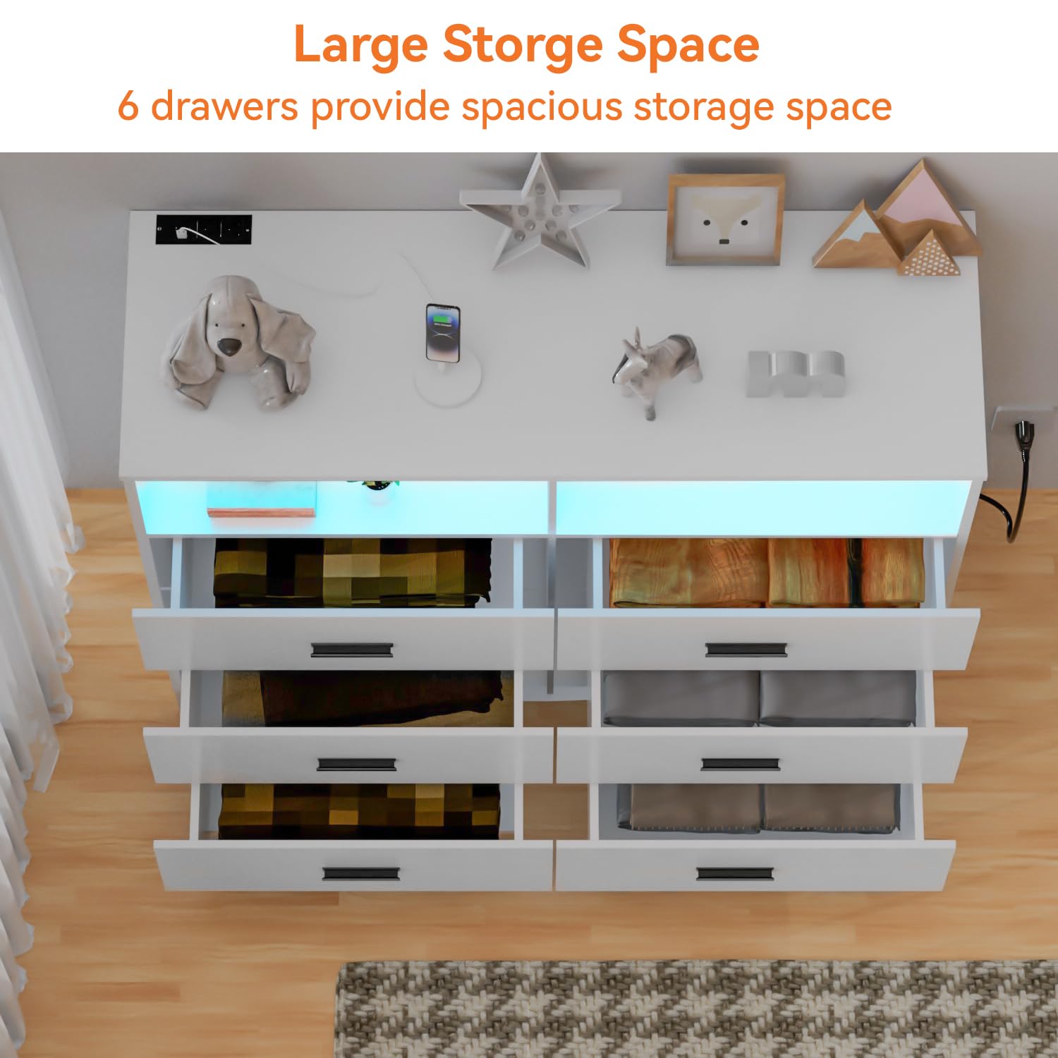 FJTJBSI Dresser with Power Outlets and LED Lights Wooden 6 Drawer Dresser with Large Organizer Tall White Dresser for Bedroom Chest of Drawers Closet Modern Dresser for Living Room Kids Room Hallway