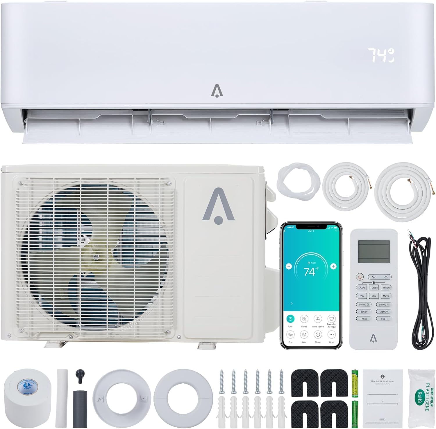 9000 BTU Mini Split Air Conditioner, 23 SEER2 Mini Split AC/Heating System, Inverter Ductless Air Conditioner w/WiFi,Pre-Charged & 16.4ft Installation Kits, 115V AC Unit Cools Room up to 450 Sq. Ft