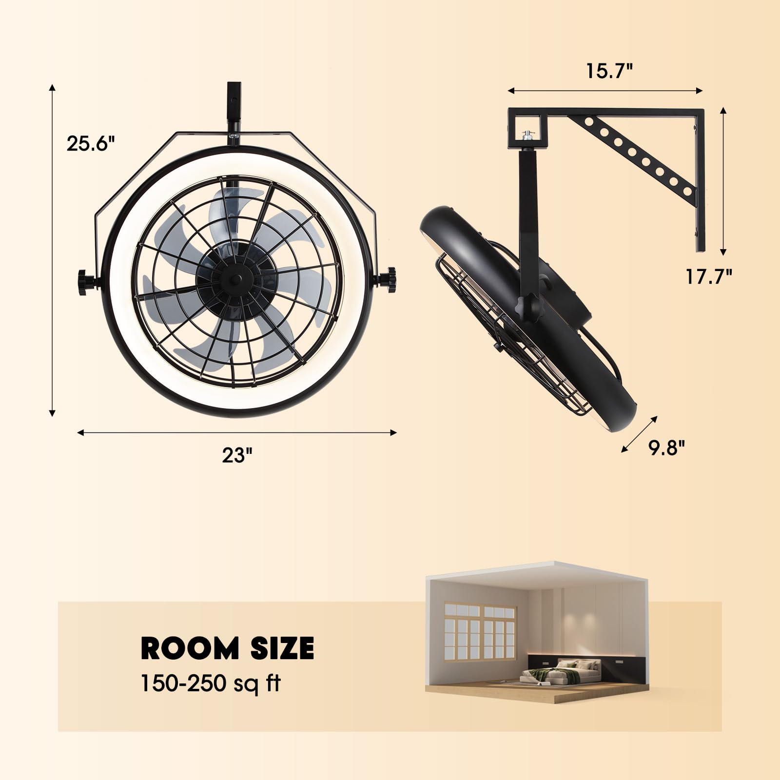 Fansconce Wall Mounted Fan with Lights, 23” Wall Mount Fan with Remote, 6 Speeds Plug in Wall Fan, Reversible, 3CCT, Dimmable, Noiseless, 360°Adjustable Tilt for Workshop, Patio, Home