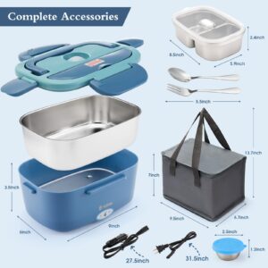 Electric Lunch Box Food Heater with Dual 1.5L Containers, 80W Leakproof Portable Heated Lunch Box for Adults Truck Work, 12V/24V/110V Heating Lunch Box with SS Fork Spoon, Sauce Box and Insulated Bag