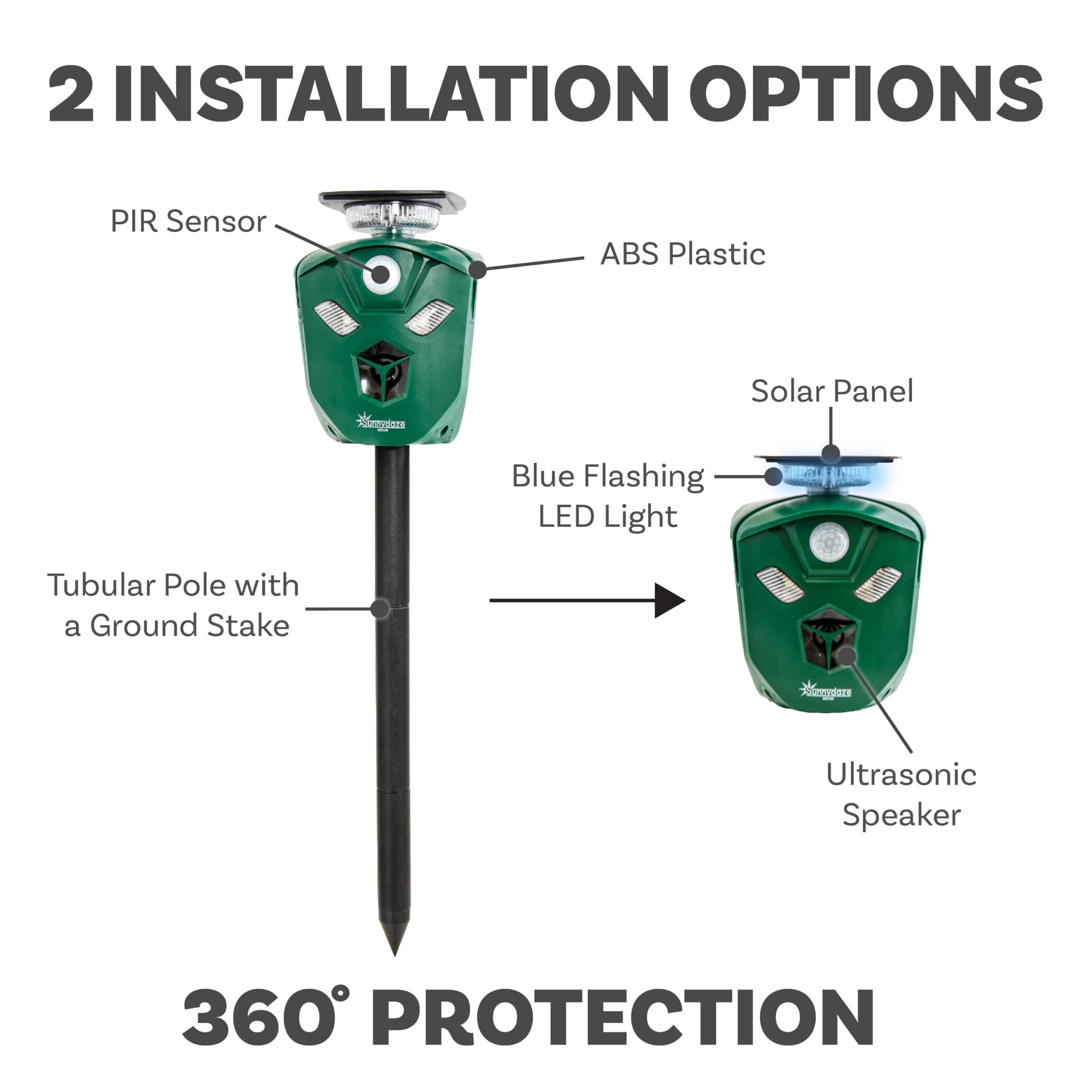 Sunnydaze 360° Solar-Powered Ultrasonic Animal Repeller with Mounting Pole - Solar Power or USB - 3 PIR Motion Sensors