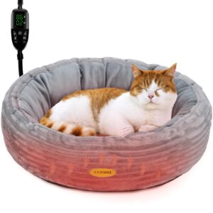 heated cat bed for indoor cats, 20’’ electric cat heated bed pet warming bed for cats and small dogs, washable calming round donut pet bed with heating pad, indoor use