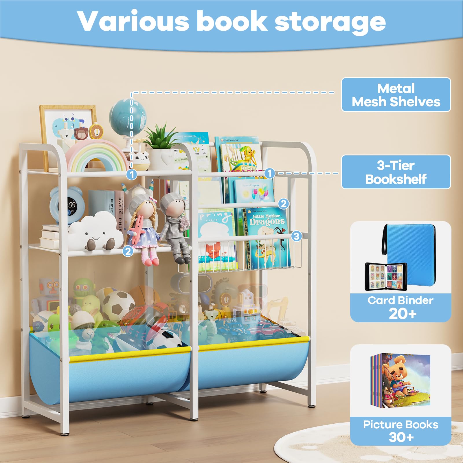 Kids Bookshelf and Toy Storage - 3 Tier Montessori Bookshelf with Fabric Toy Box, Nursery Book Shelves for Children, Baby Toddler Toy Organizer Book Shelf for Kids Rooms, Living Room, Bedroom