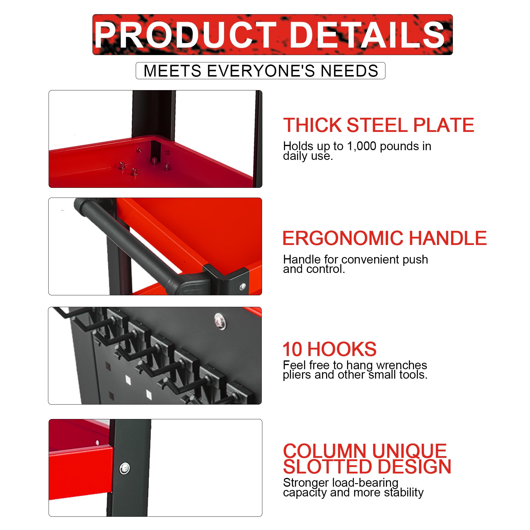 3-Tier Tool Carts with Wheels,Heavy Duty Service Cart with Wheels,Load 1000 Capacity,for Factories, Workshops,Garage,Repair Shop and Warehouse