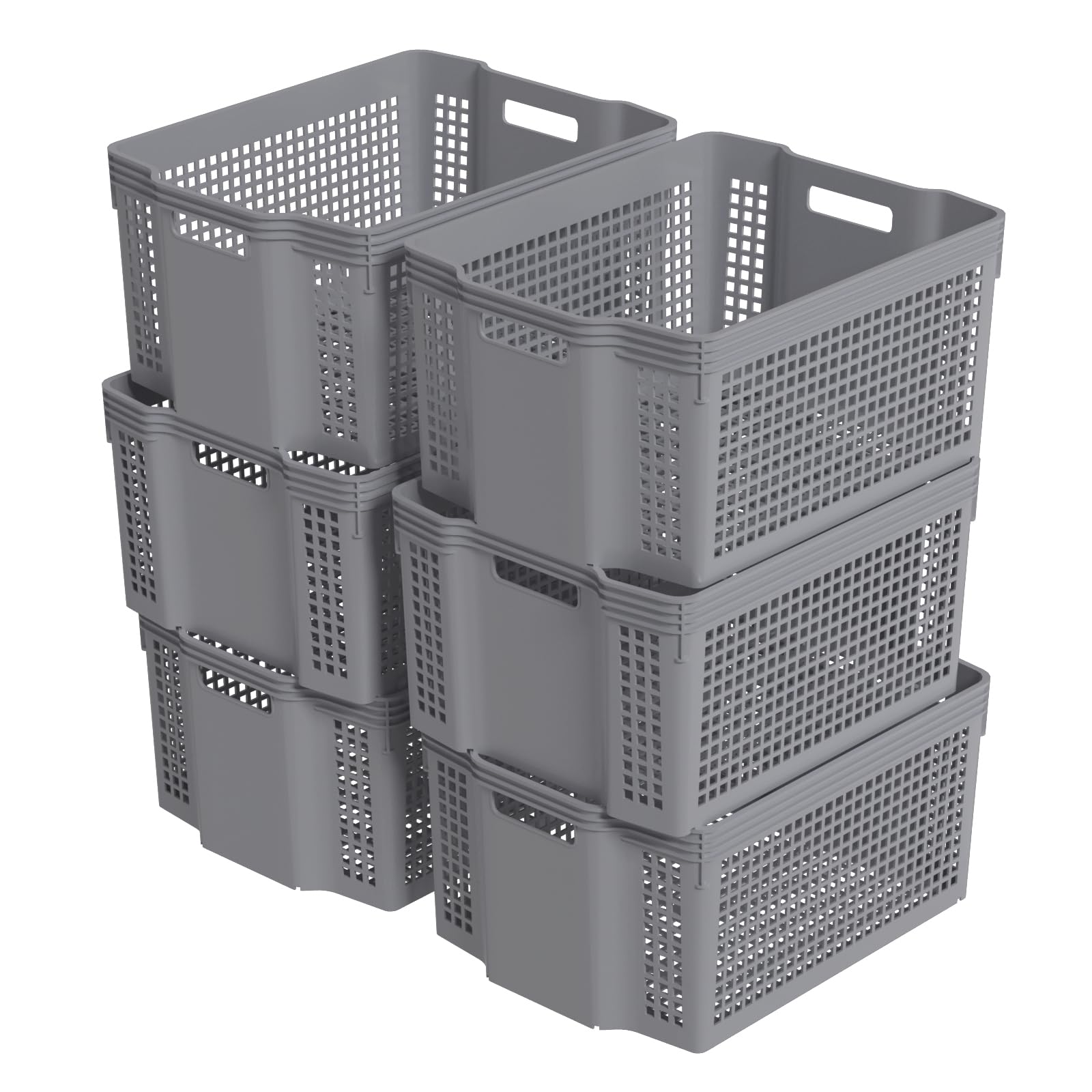 Zopnny 6-Pack Stackable Plastic Woven Basket Organizer, Large Stacking Storage Basket Bin, Grey