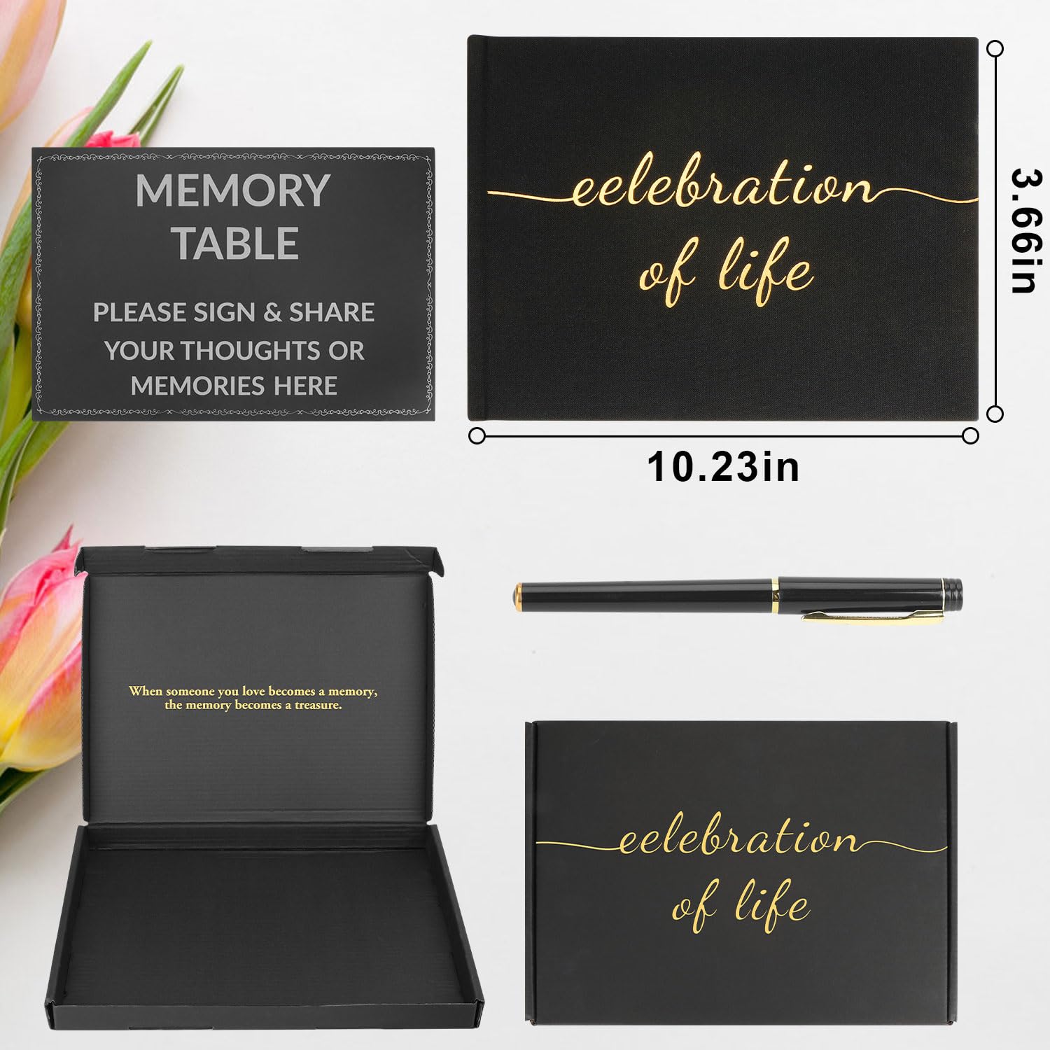 Funeral Guest Book for Memorial Service, Celebration of Life Guest Book with Table Sign, Pen and Box, Guest Sign in Book for Funeral Service, Elegant Black Memorial Books for Celebration of Life