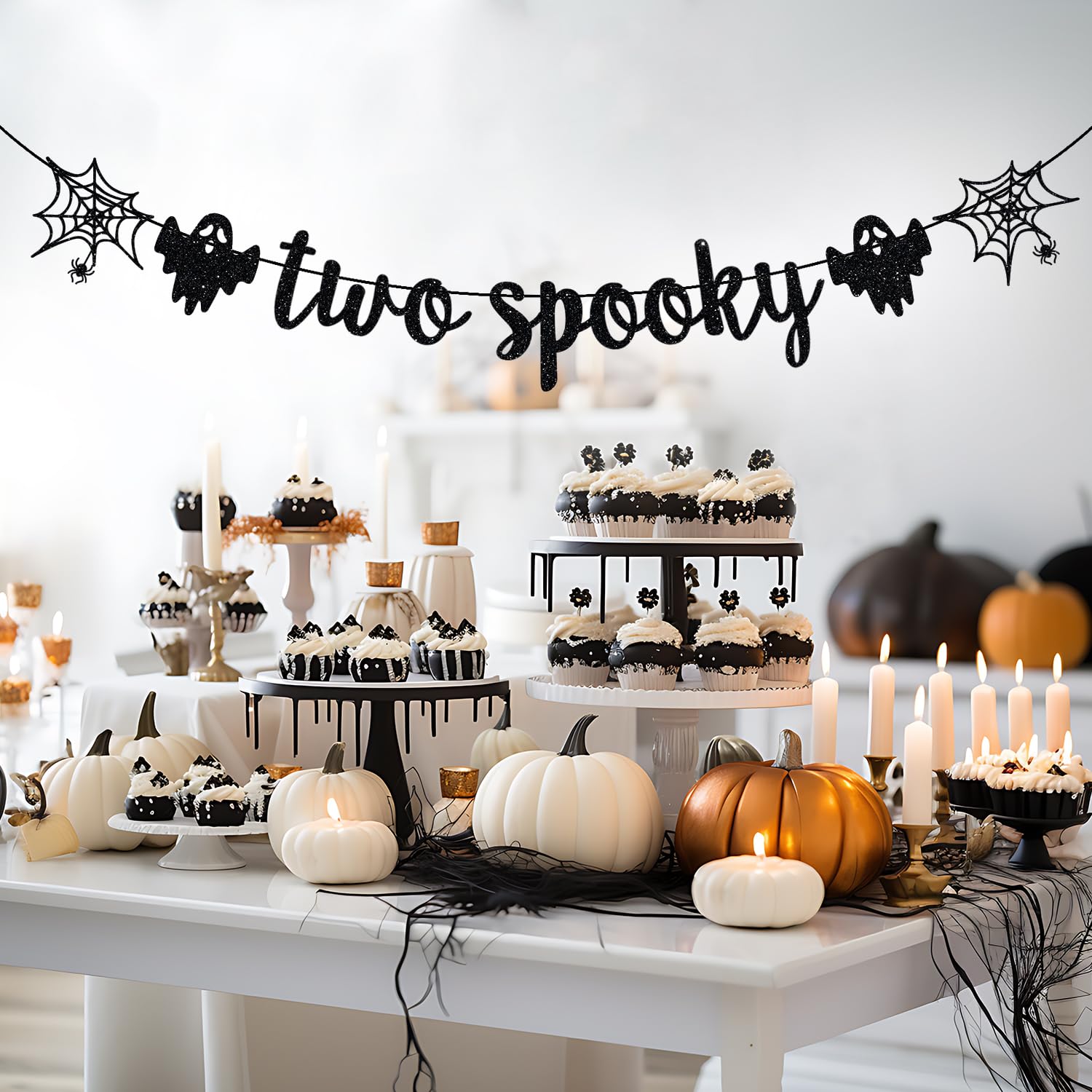 Two Spooky Banner, Halloween 2nd Birthday Party Decor, Two Spooky Birthday Decorations, Halloween Birthday Baby Shower Party Decorations, Black Glitter