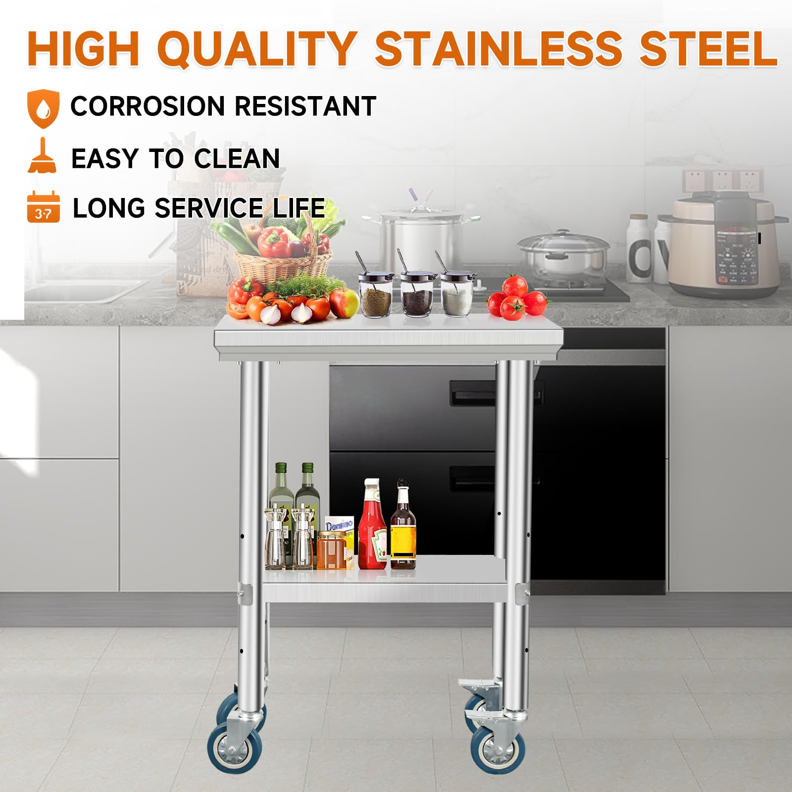 SGOLAN Stainless Steel Table with Wheels,24×12×32 Incn prep Table with 4 Casters,Heavy Duty Food Prep Worktable for Commercial Kitchen Restaurant Business