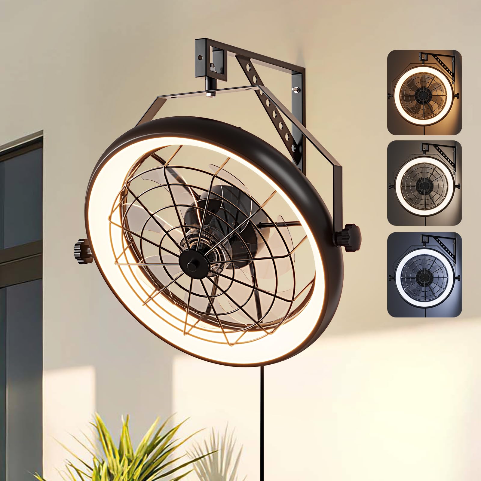 Fansconce Wall Mounted Fan with Lights, 23” Wall Mount Fan with Remote, 6 Speeds Plug in Wall Fan, Reversible, 3CCT, Dimmable, Noiseless, 360°Adjustable Tilt for Workshop, Patio, Home