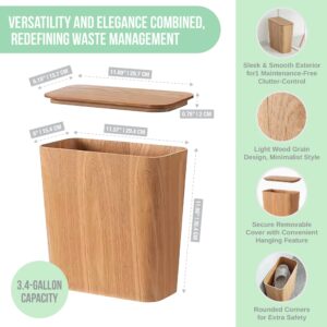 Light Wood Grain Indoor Trash Can w/Removable Cover - 3.4-Gallon Modern Waste Bin for Office, Bedroom, Bathroom - Slim Garbage Basket with Plastic Trash Bag Holder - Covered Diaper Trash Can