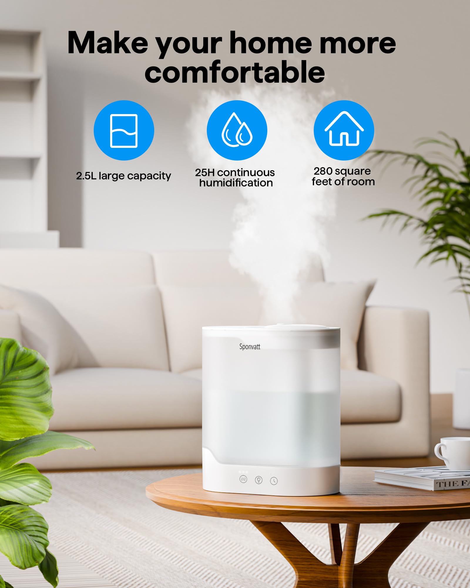 Sponvatt Humidifiers for Bedroom Home,2.5L Top Fill Cool Mist Air Humidifier for Large Room Baby Nursery,Quiet Ultrasonic,With Oil Diffuser and Nightlight,for Plants,Office,Easy to Clean,Auto Shut-Off