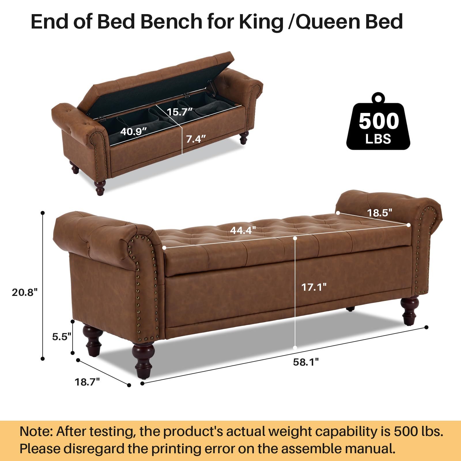 SOFTHION Storage Bench Upholstered PU Leather End of Bedroom Bed Bench Ottoman with Tufted Cushioned Rolled Arm Large Storage Space for Reading Living Room Entryway, Brown