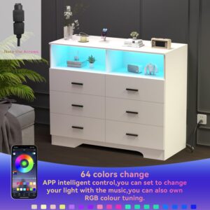 FJTJBSI Dresser with Power Outlets and LED Lights Wooden 6 Drawer Dresser with Large Organizer Tall White Dresser for Bedroom Chest of Drawers Closet Modern Dresser for Living Room Kids Room Hallway