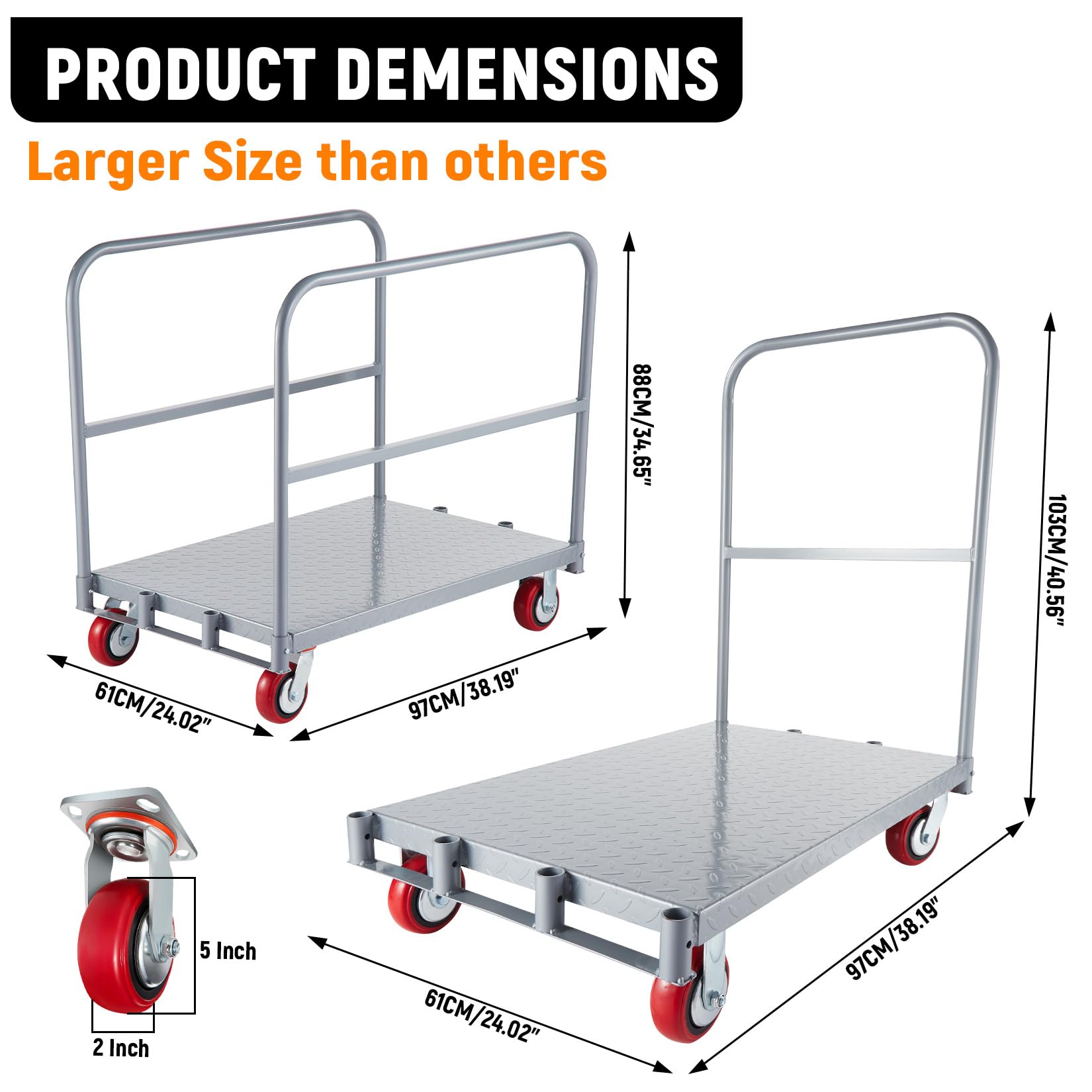 GarveeTech Drywall Cart Steel Panel Truck, 2 in 1 Heavy Duty Flatbed Carts with Wheels, Platform Flat Bed Cart with 2200 Lbs Capacity, 2 Swivel Casters, 1 Front and 2 Side Handrails